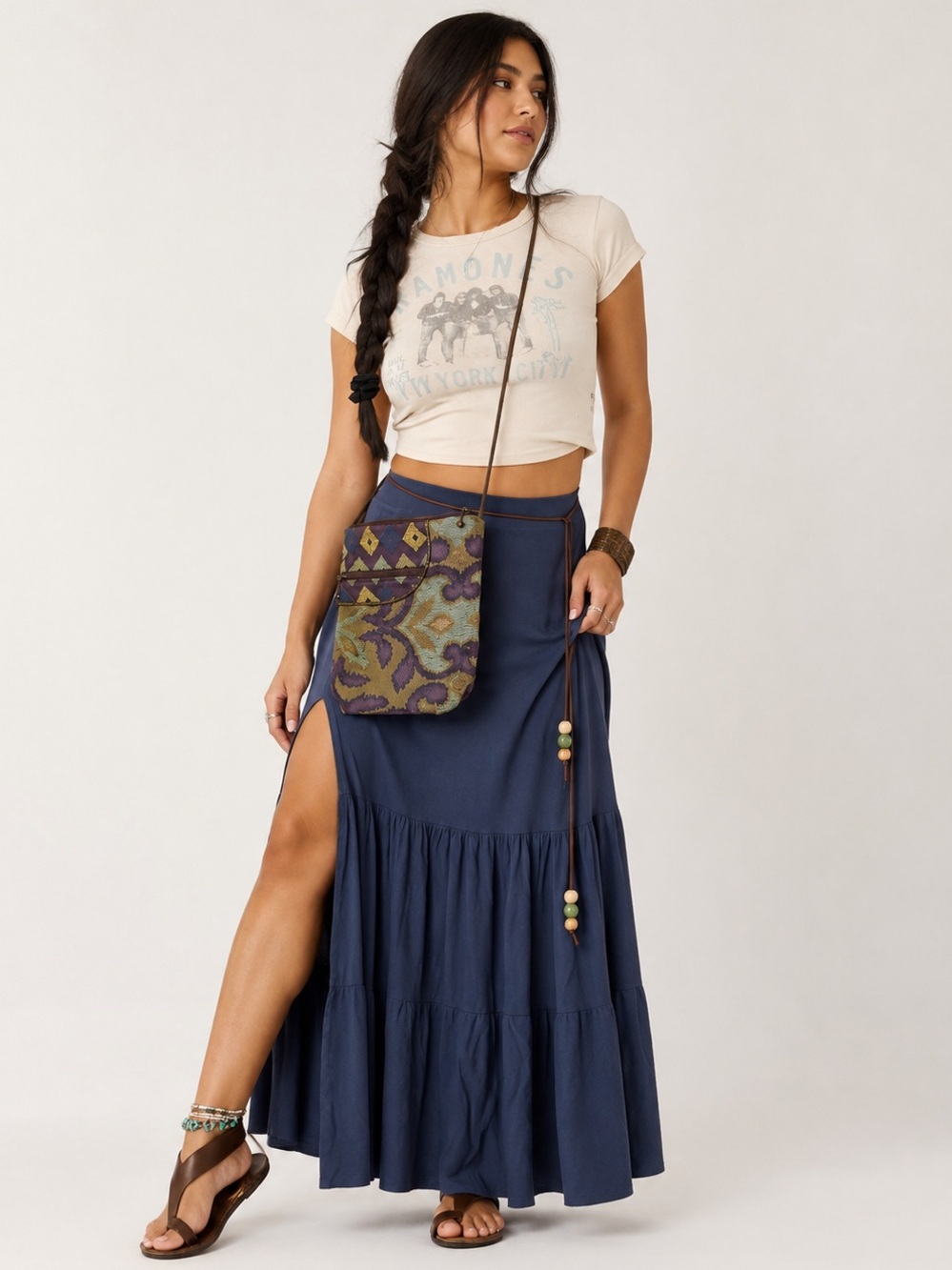 Boho Festival 4pc Style Bundle | Band Tee + Skirt | Handmade Accessories | S